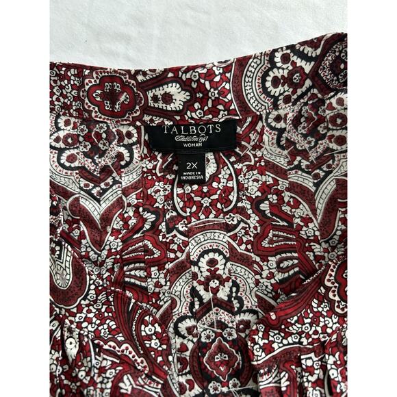 Talbots Paisley Sequin Pin Tuck Blouse Womens Size 2X Red Black Classic Preppy - Picture 3 of 7